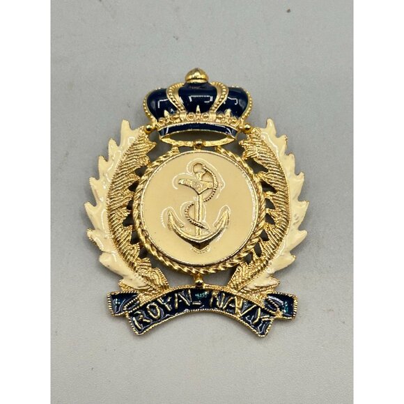 Vintage Royal Navy Enamel Pin Crown Brooch Badge Signed CRAFT Gold Tone 2.5" - Picture 3 of 8